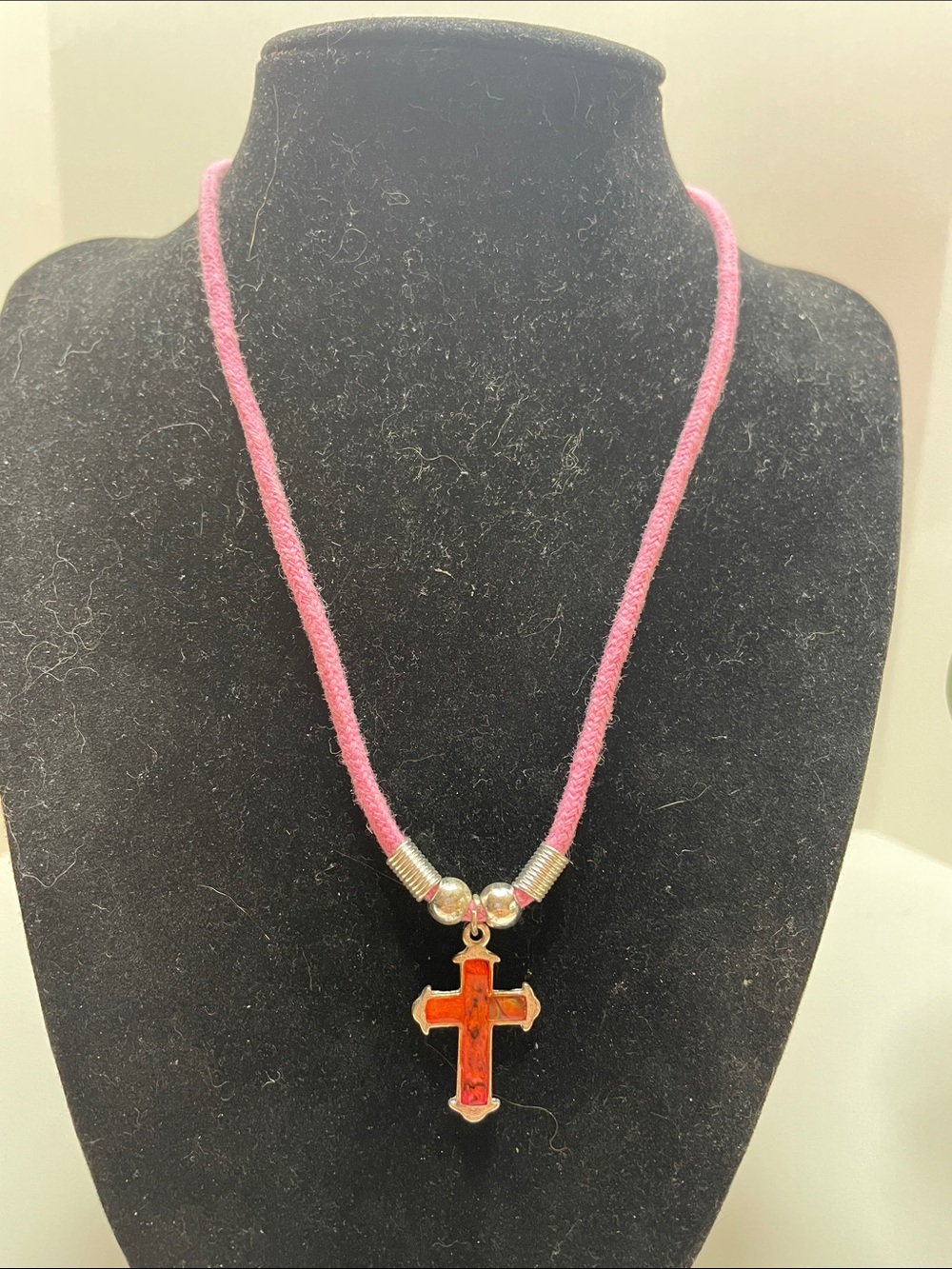 Pink Cord Necklace with Orange Cross Pendant